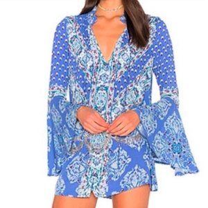 Free People Bell Sleeves Tunic Blue Purple V Neck Blouse